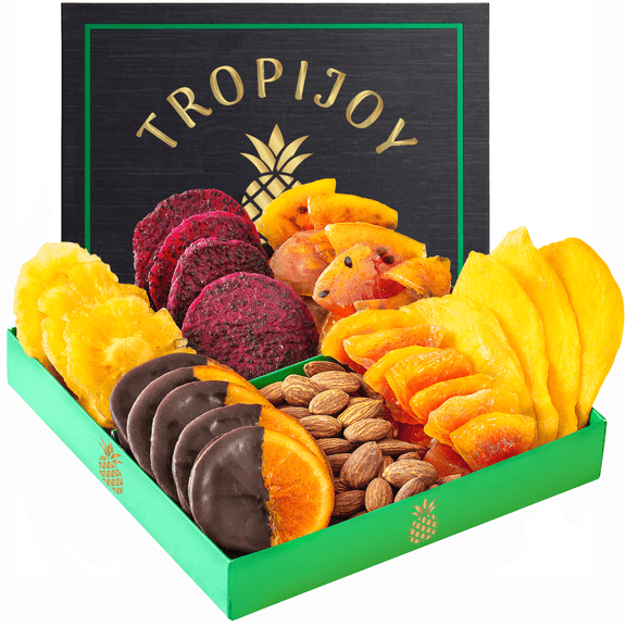 TropiJoy Dried Fruit Gift Basket - 7 Tropical Flavors with Chocolate Orange Gourmet Christmas Food Gift Baskets | Holiday Gift Set Fruit Gift Basket | Dry Fruits Gift Box & Thank You Gifts