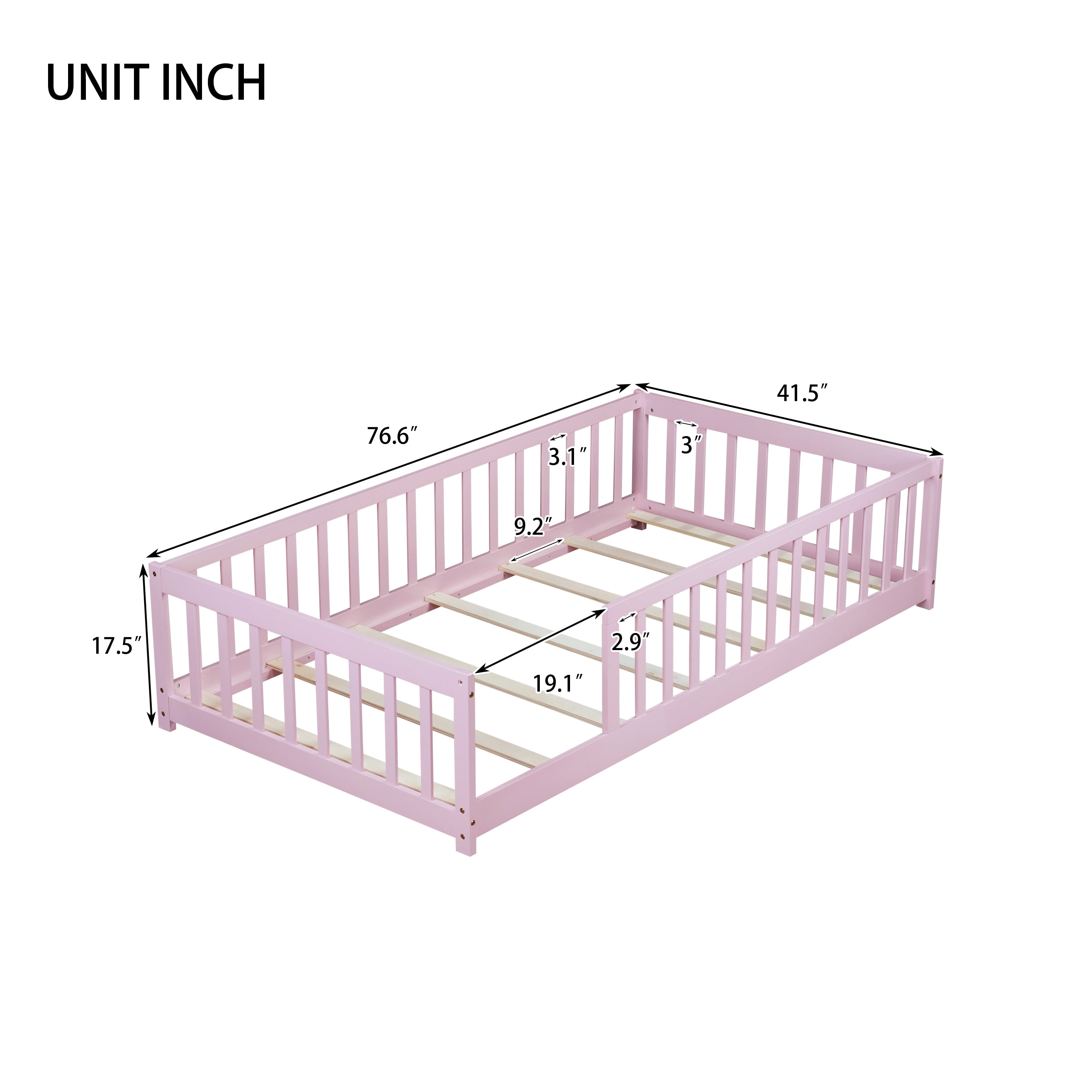 Twin Size Rubber Wood Floor Bed with Full Surround Safety Fence, No-Door Kids Platform Bed with 7 Wood Slats Holds 250LBS Fits ≤6 Inch Mattress