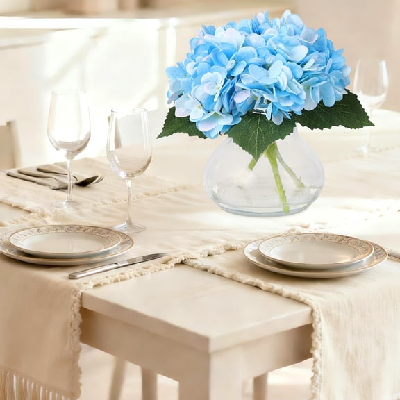 Artificial Blue Hydrangea Flowers in Glass Vase with Faux Water, Realistic Silk Floral Arrangement for Home Table Centerpiece Wedding Office Decor