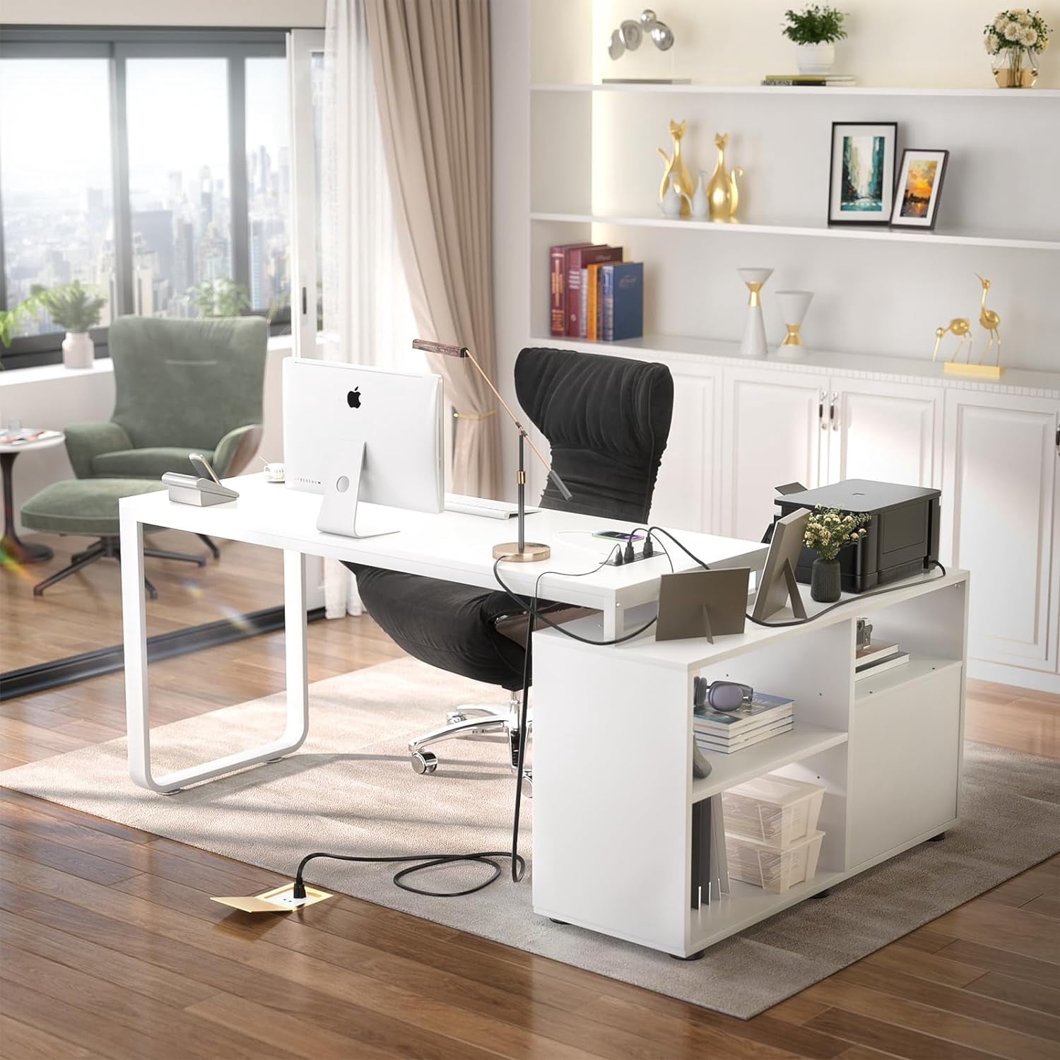 Homieasy Reversible L Shaped Desk with File Cabinet & Power Outlet, 55'' Computer Gaming Desk with LED Lights and Drawers, L Shaped Corner Desk with Storage Shelves for Work & Study, White