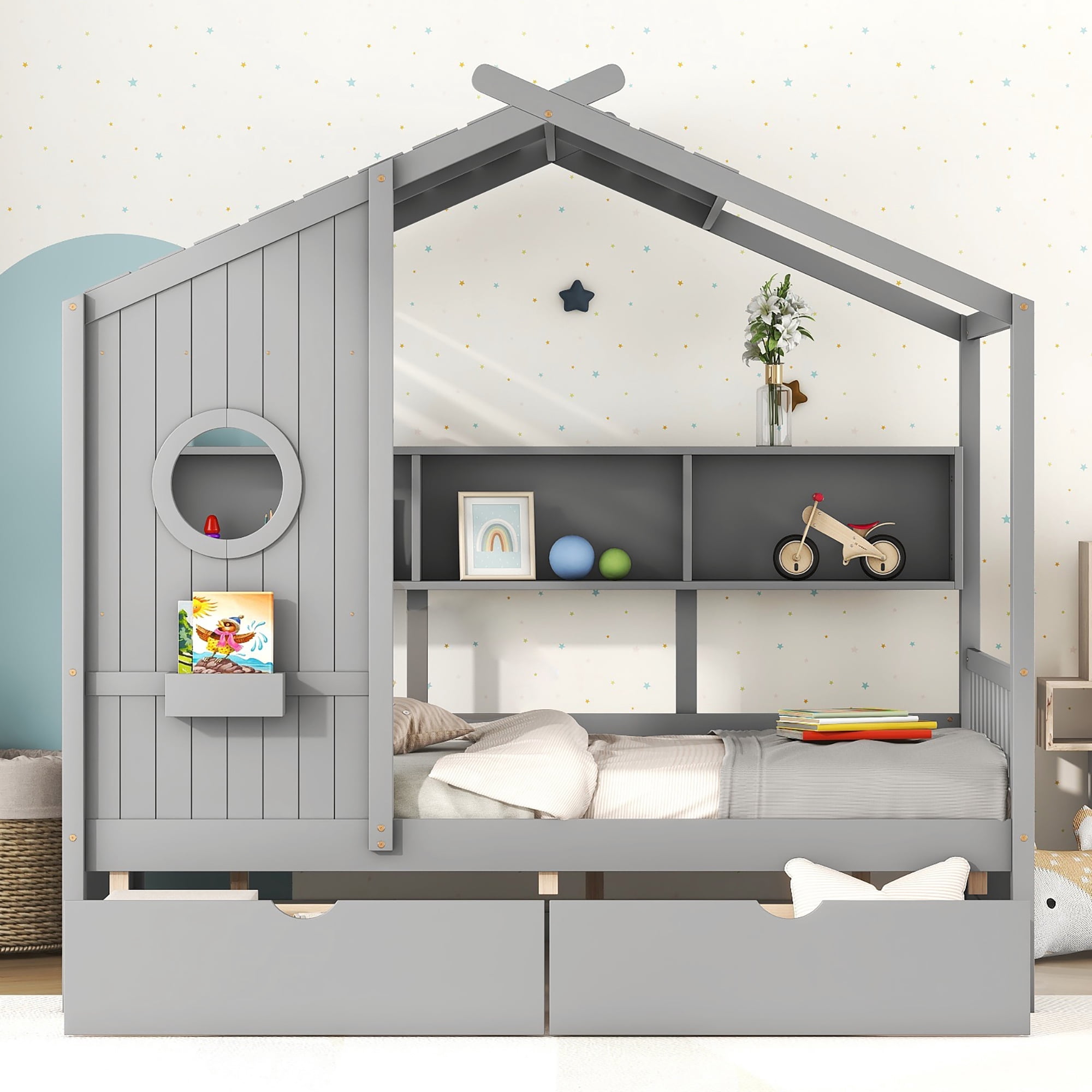 Bellemave House Bed with 2 Drawers and Storage Shelves, Wood Full Size  Montessori Bed Frame with Roof and Window, Playhouse Bed for Bedroom (Gray)