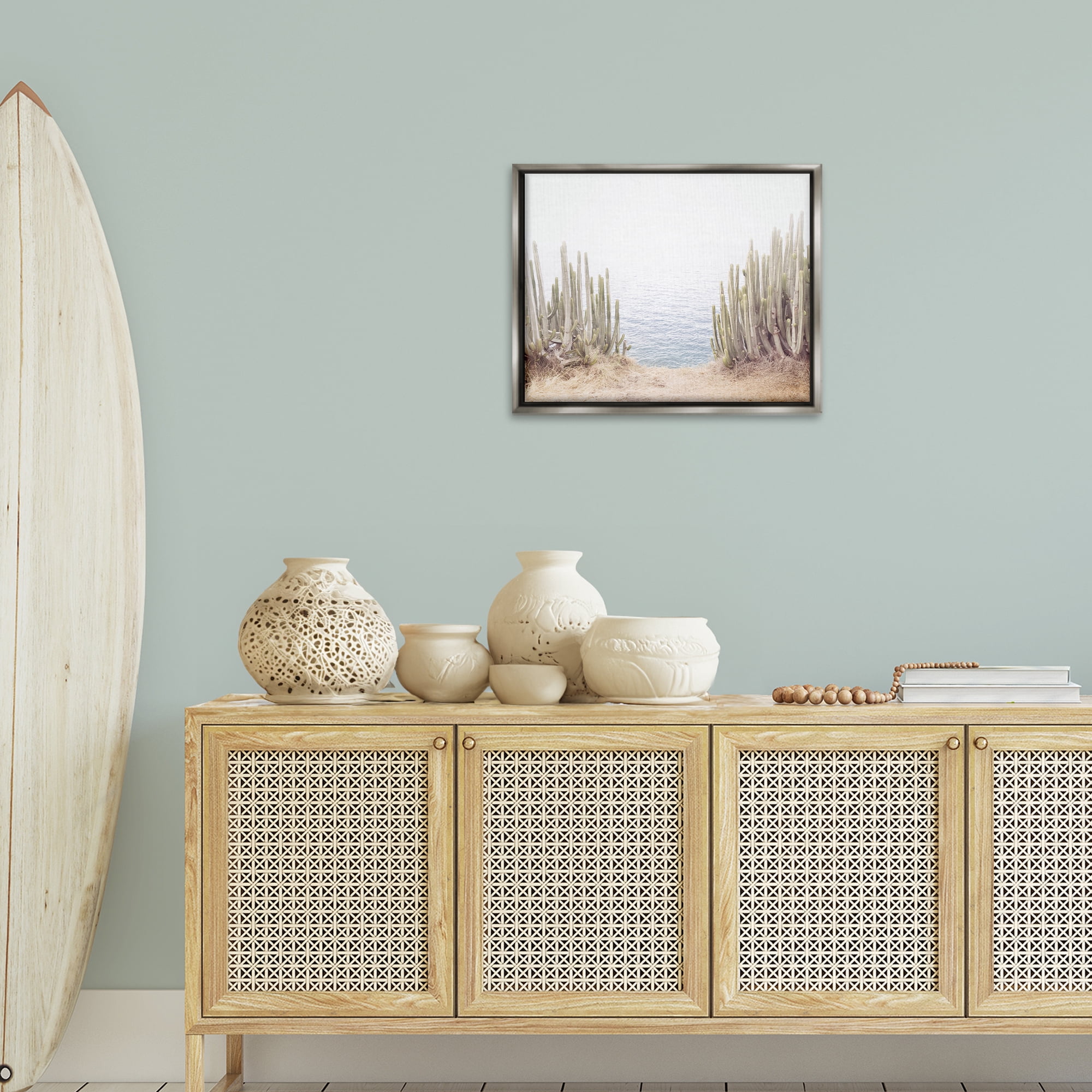 Stupell Industries Seaside Cacti Plants Nautical & Beach Photography Gray Floater Framed Canvas Art Print Wall Art, 21 x 17