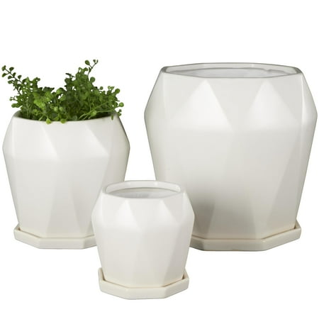 DecMode 10",8",5"H Patterned White Ceramic Planter with Attached Saucer (3 Count)