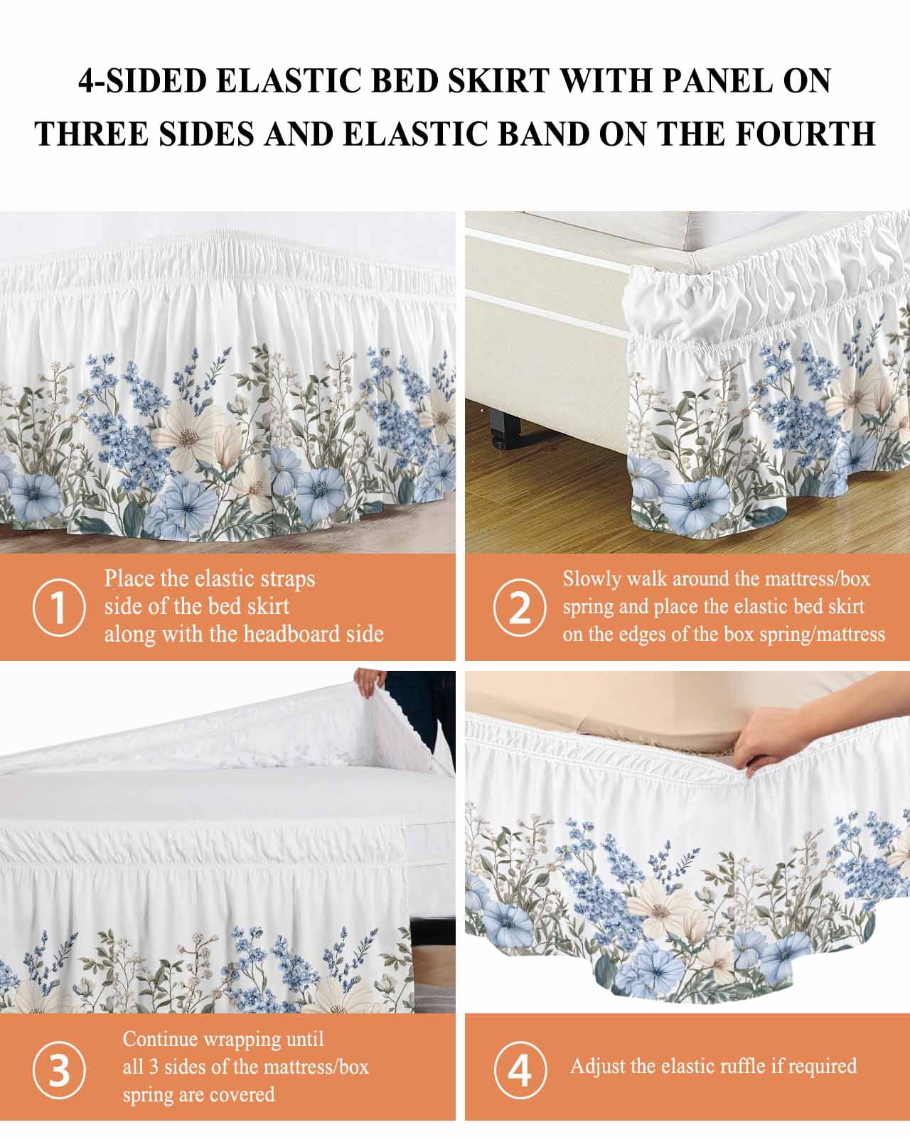 Blue Floral Spring Wrap Around Bed Skirts for Queen Bed 18" Drop,Bed Skirt with Adjustable Elastic Belt Dust Ruffle Bed Valance for Bedroom Hotel Vintage Summer Botanical Flower Bed Frame Cover