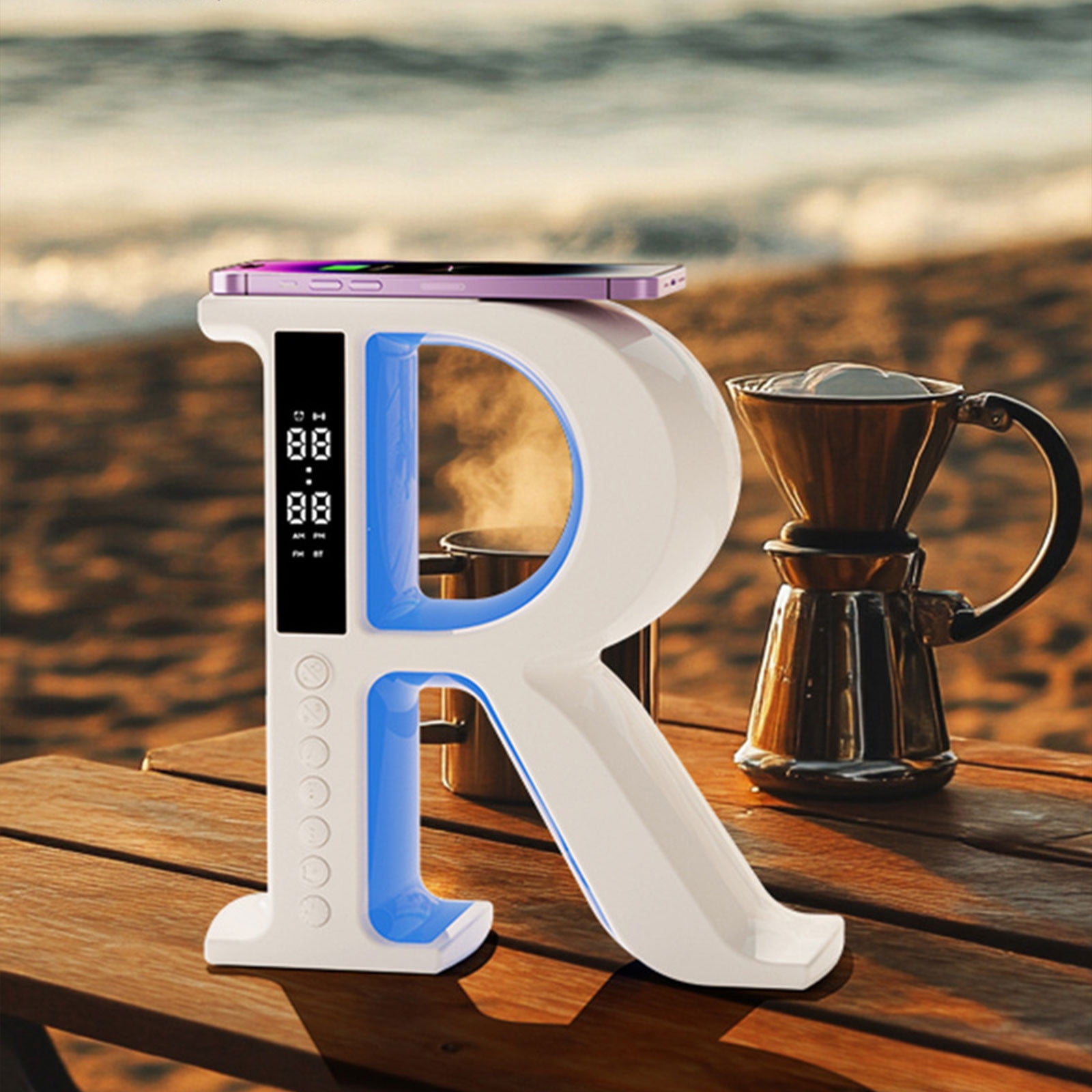 R Shaped Bluetooth Desktop Speaker, Wireless Audio Speaker With Mood Light, Wireless Charging Speaker Clock, Lyrics Subtitle Display Speaker, Multifunctional Desktop Music Speaker