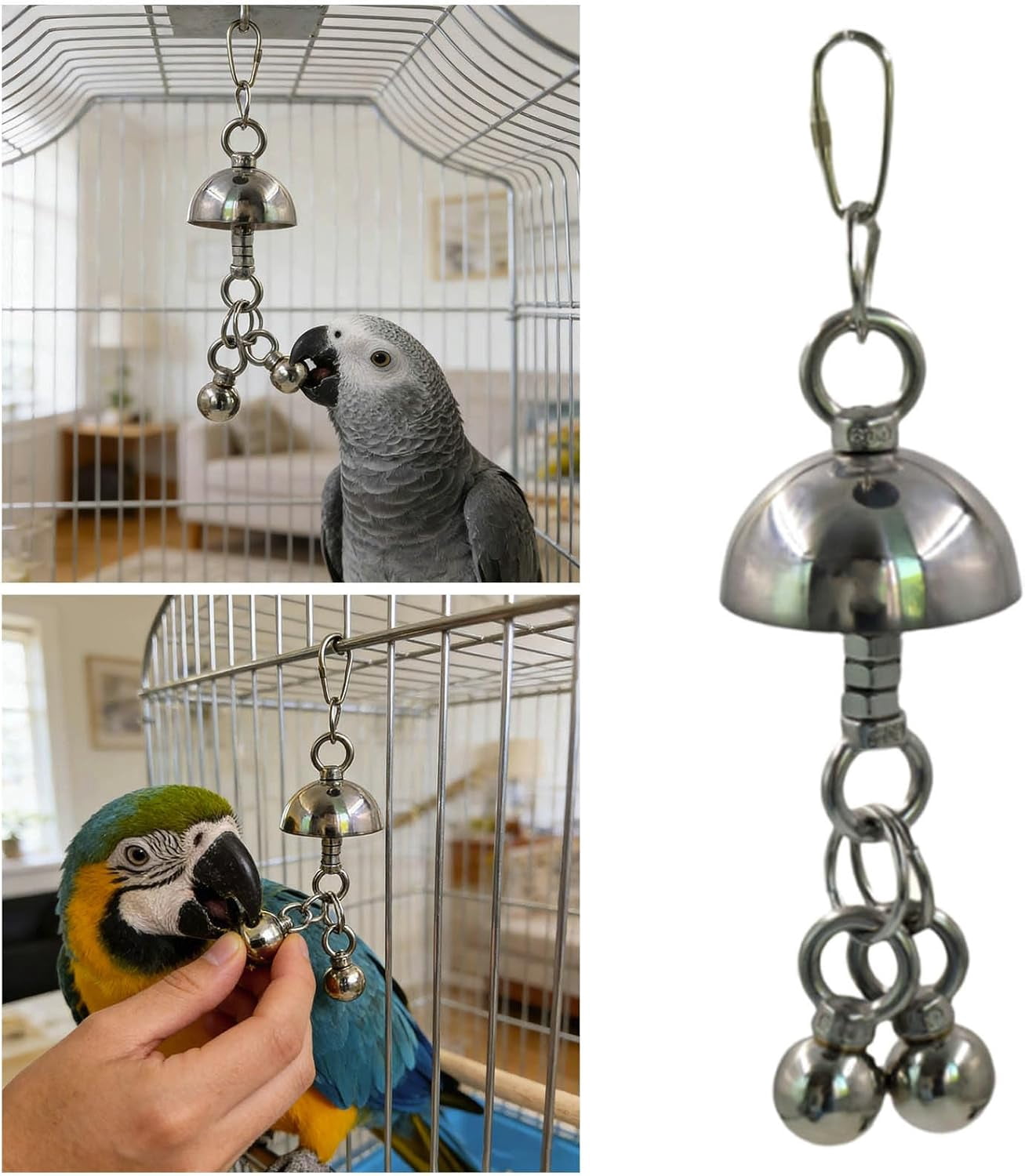 Bird Bell Toy Stainless Steel Chew Hanging for Large Parrots(Silver, Small)