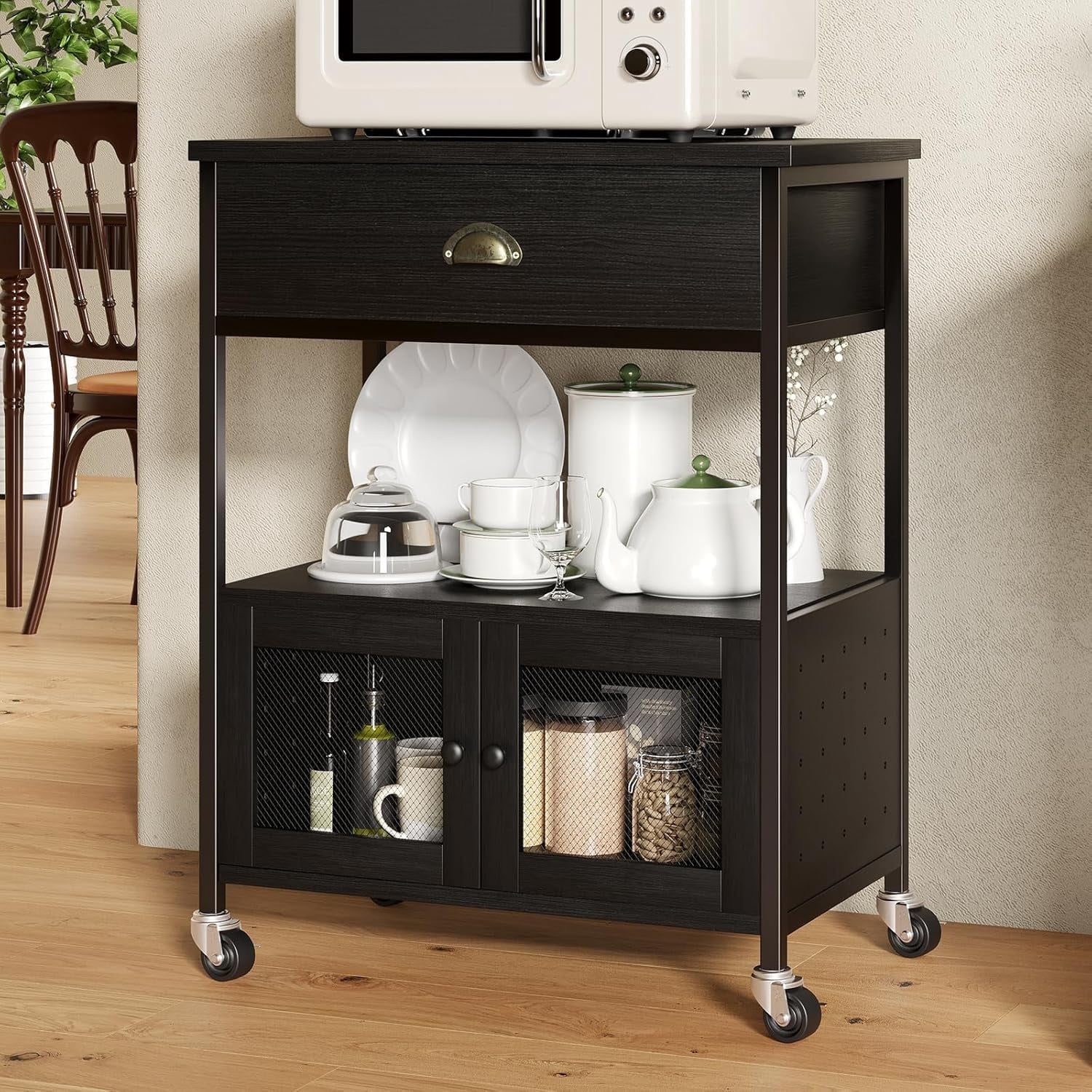 Hodedah　キッチンパントリー　ブラック×ビーチ Hodedah Microwave Kitchen Cart, Beech - Walmart.com