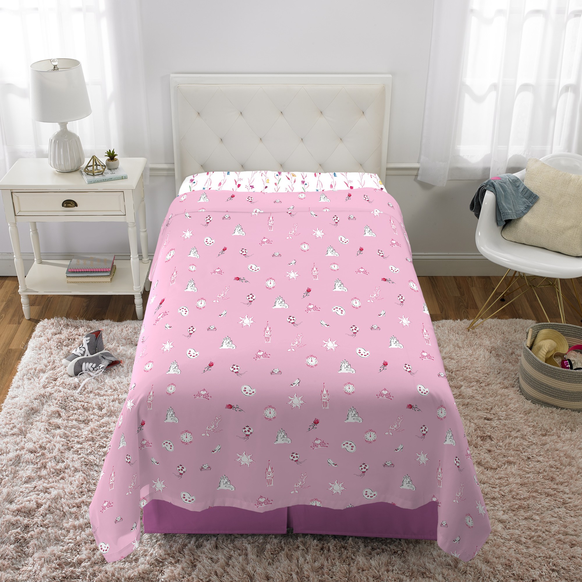 Disney Princess Kids Twin Sheet Set, Pink and White