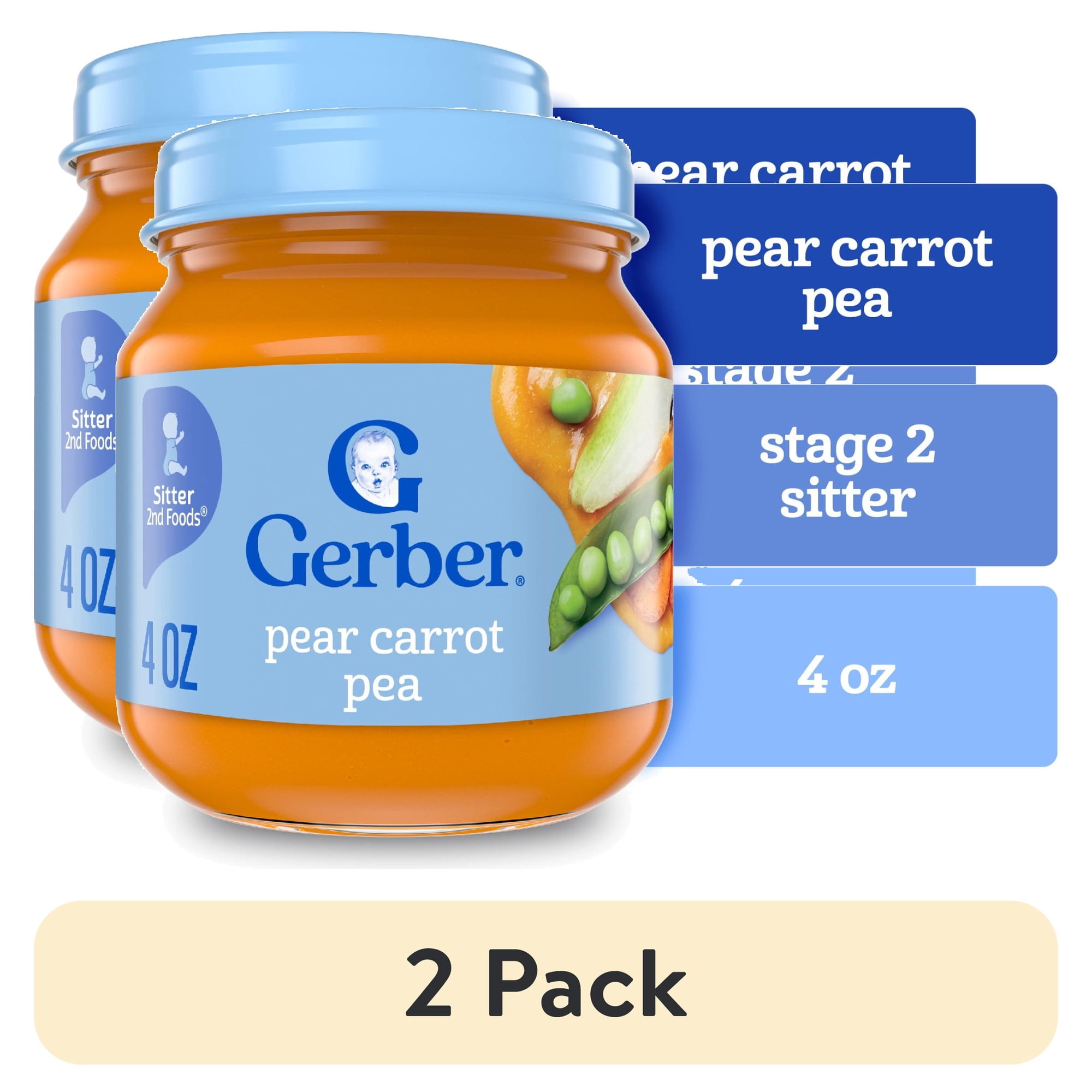 (2 pack) Gerber 2nd Foods Natural for Baby Baby Food, Pear Carrot Pea, 4 oz Jar