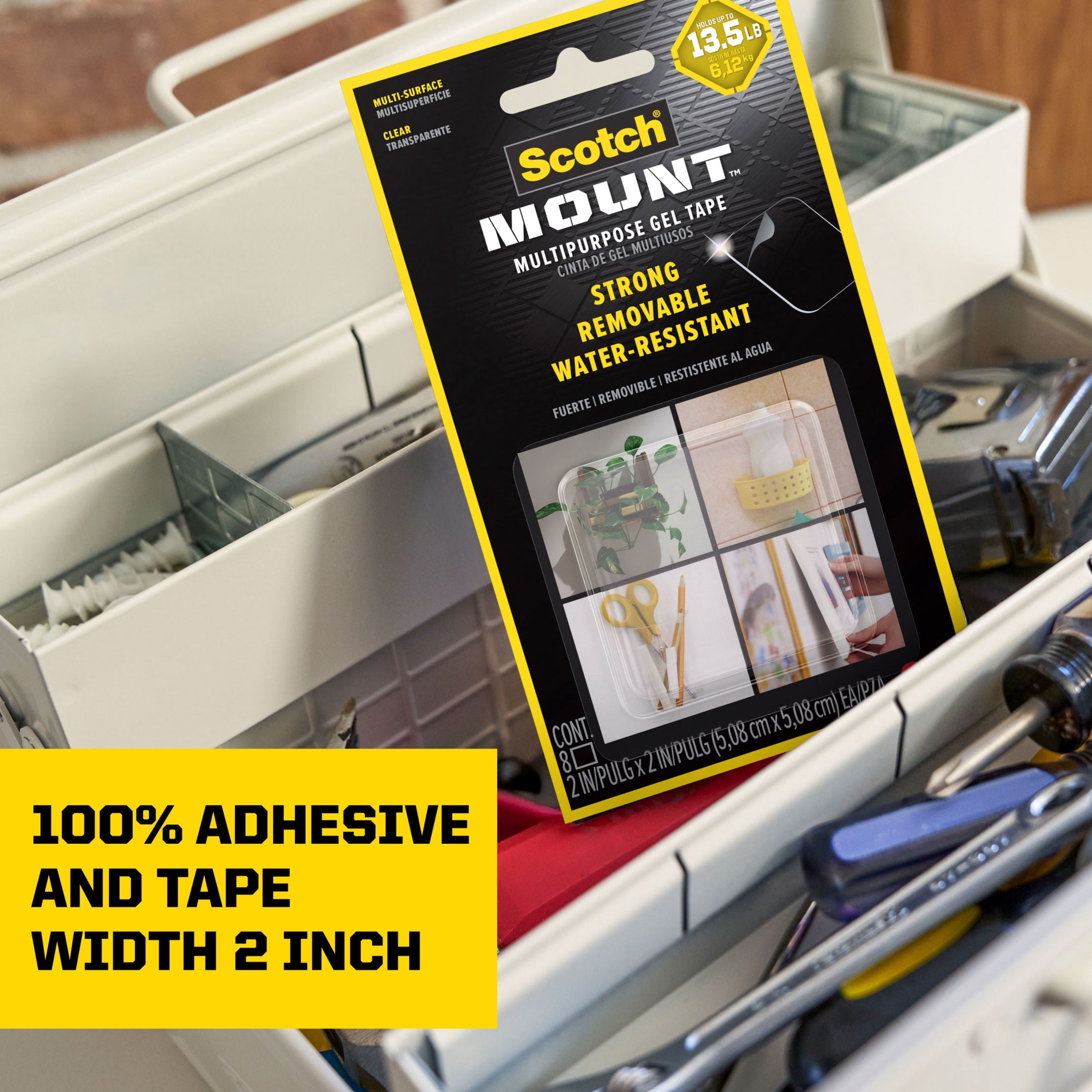 Scotch-Mount Multipurpose Gel Tape, Double Sided Squares, Holds 13.5 lbs, 2 in, Clear, 8 Pack