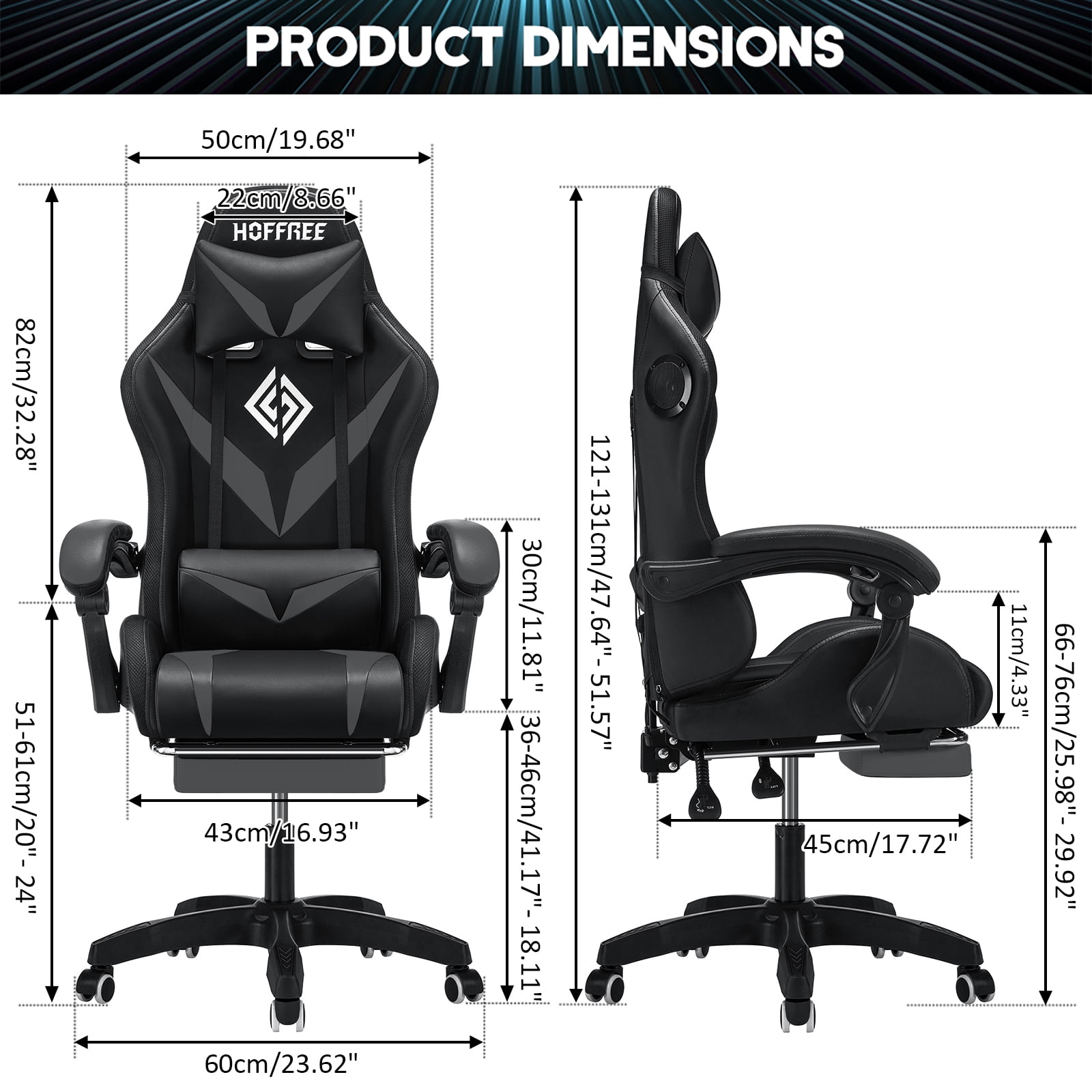 HOFFREE Gaming Chair with Massage and LED RGB Lights Ergonomic Computer Chair with Footrest High Back Video Game Chair with Adjustable Lumbar Support Linkage Armrest for Home Office