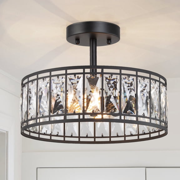 LNC 2-Light Matte Black Crystal Semi-Flush Mount Ceiling Light, Modern Drum Ceiling Light Fixture for Bedroom, Hallway, Entryway and Foyer