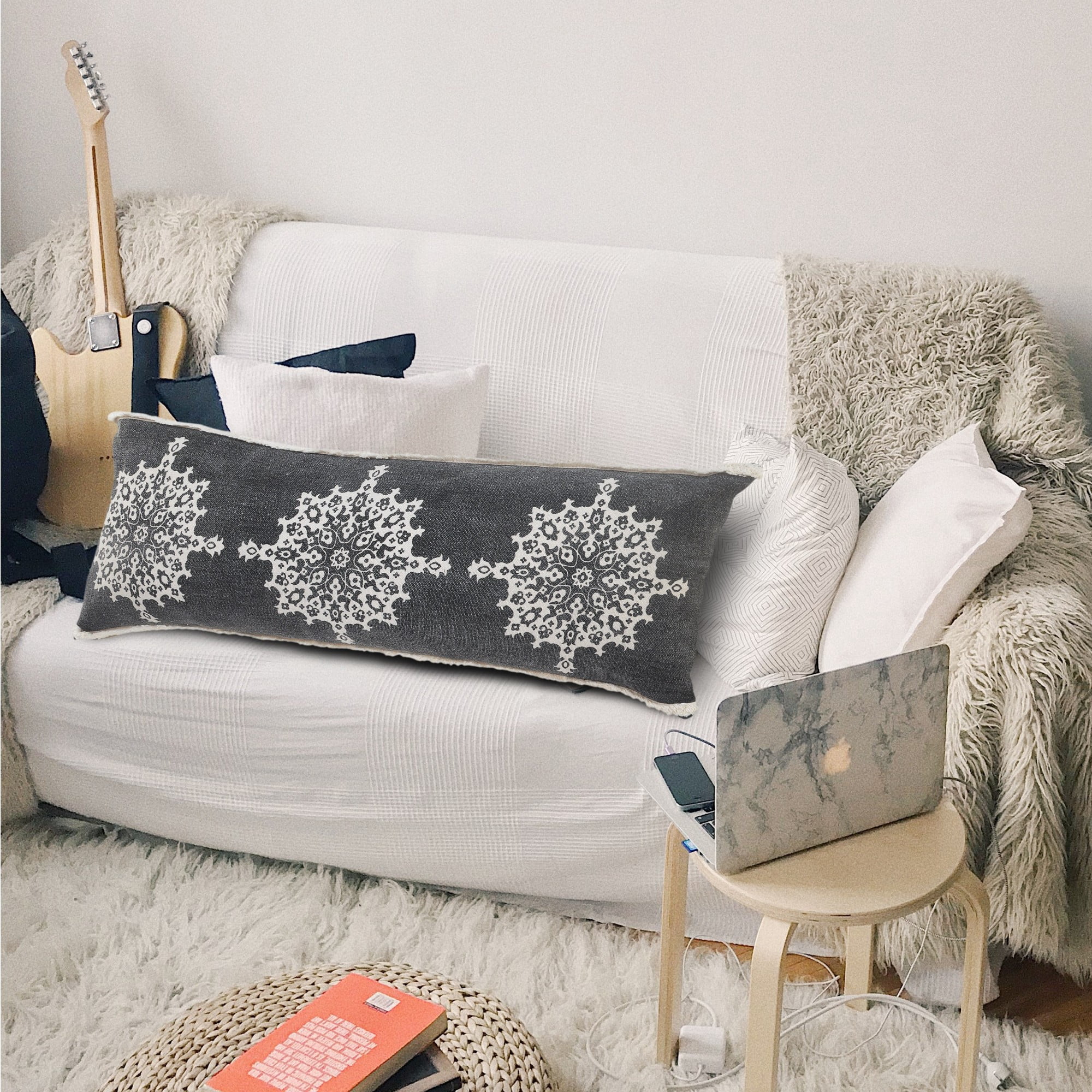 Laddha Home Designs Handwoven Medallion Cotton Lumbar Pillow Cover - 36" - Gray and White