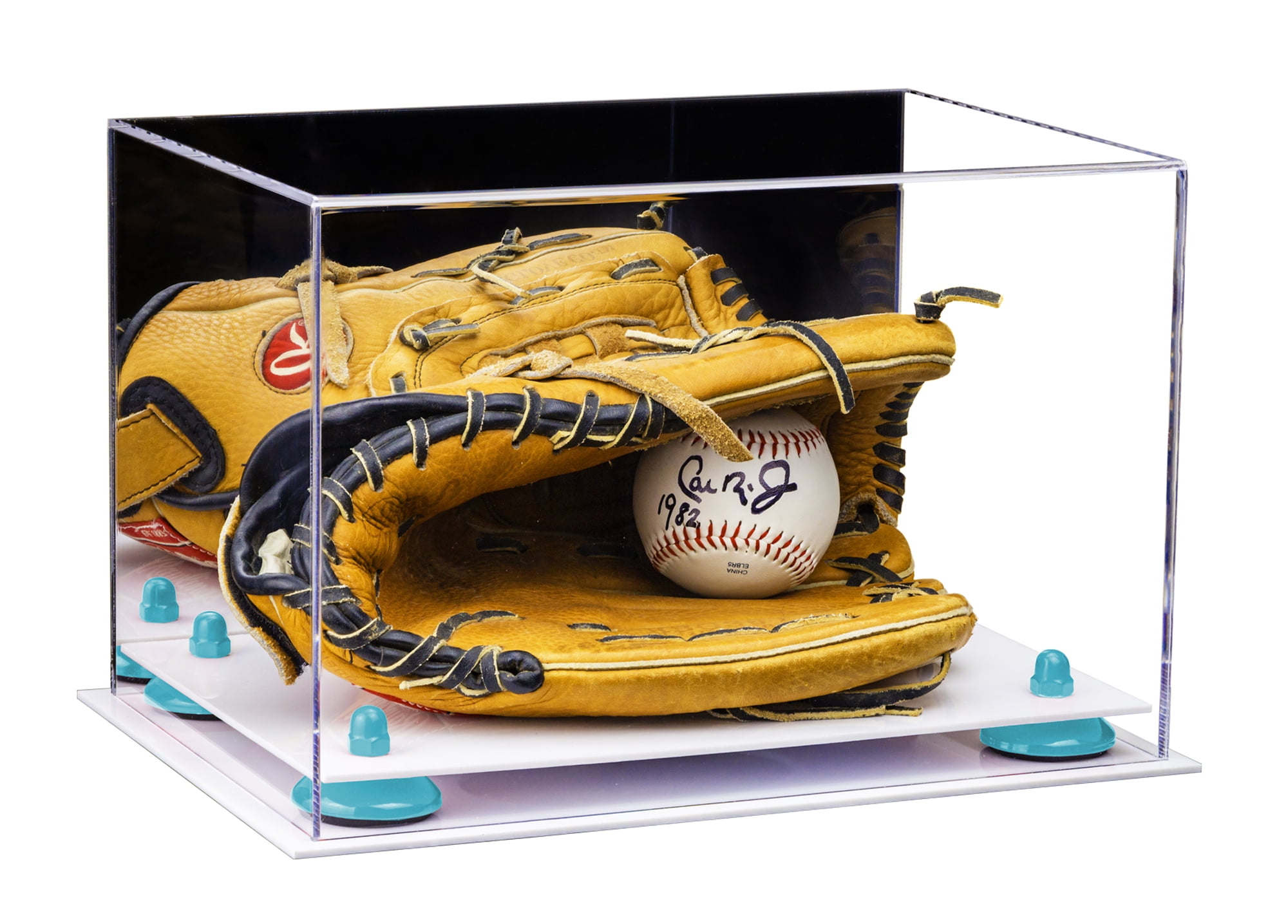 Deluxe Acrylic Baseball Glove Display Case with Blue Risers, Mirror and