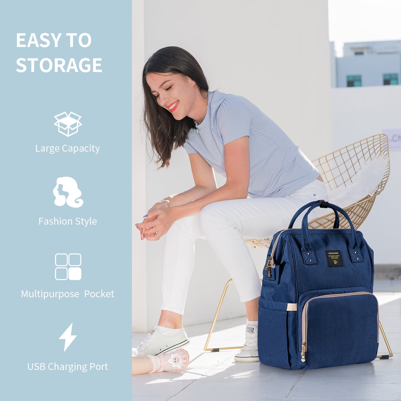 Sunveno Classic Diaper Bag Backpack Large Capacity Travel Backpack with USB Charge Port , Navy