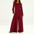 thumbnail image 2 of QATAINLAV Jumpsuits for Women Casual Long Sleeve One Piece Baggy Romper Solid Color Crewneck Wide Leg Onesie Pants with Pockets, Wine, XXL, 2 of 9