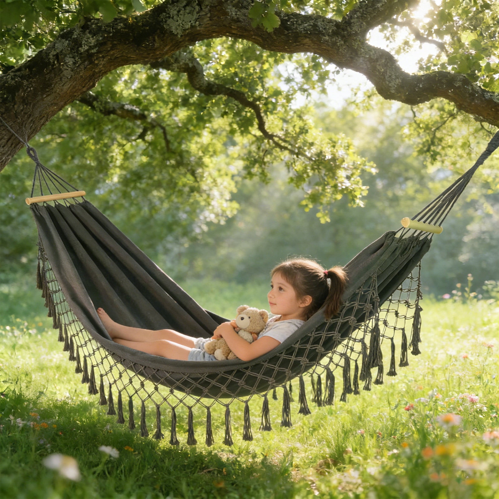 Double Camping Hammock, Anti Tip Fringe Tassel Canvas Bed, Heavy Duty Outdoor Swing, Portable Garden Hammock for Backyard Patio Porch Home Travel Use