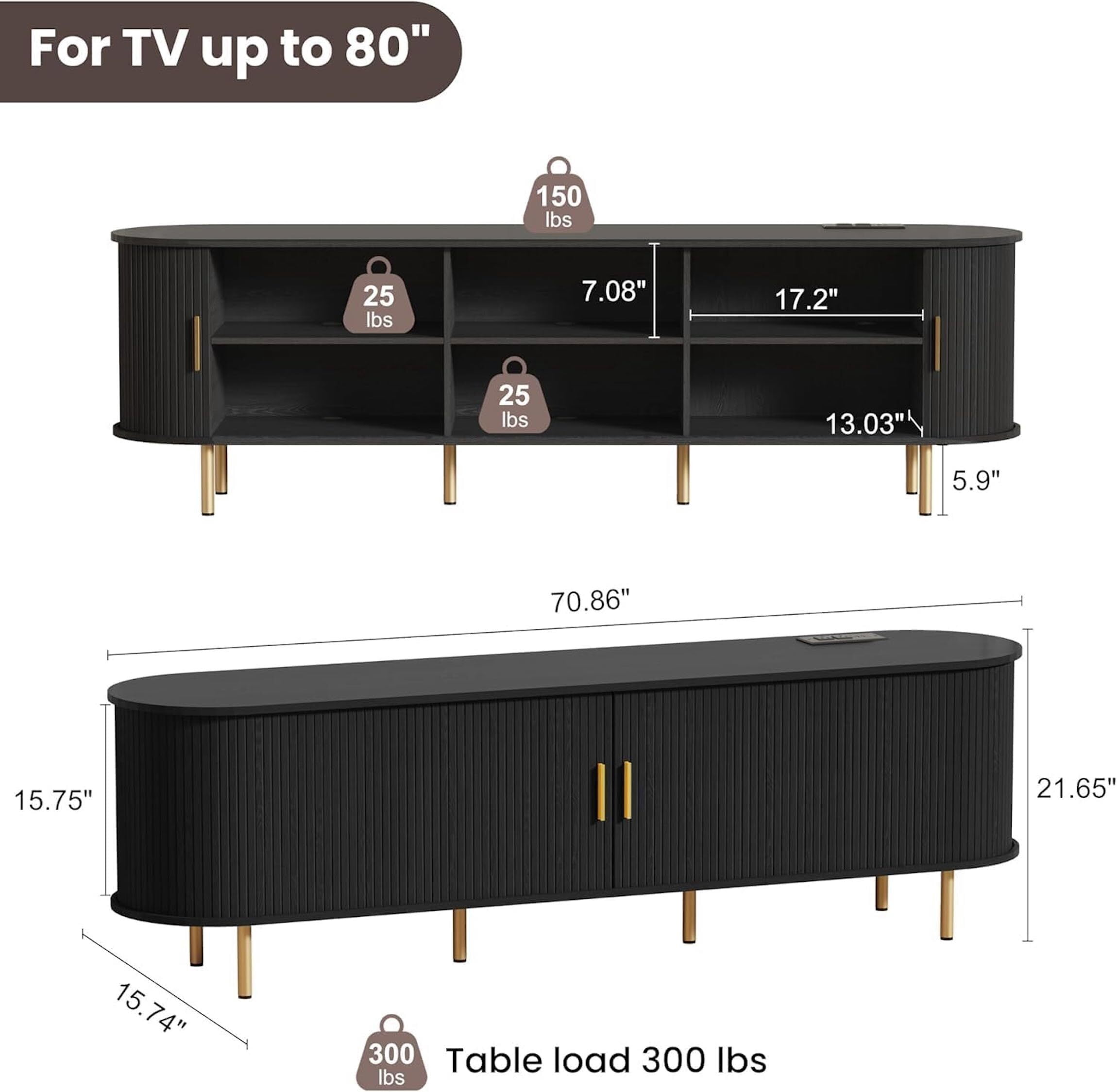 AISWORD 71 Inch TV Stand with Power Outlet for TVs up to 80 Inch, Entertainment Center with Storage and Adjustable Shelves, Media Console with Sliding Doors for Living Room, Black