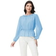 thumbnail image 4 of Women's Long Sleeve Blouse with Ruffle Neckline and Cinched Waist Detail - Small, Blue, 4 of 6