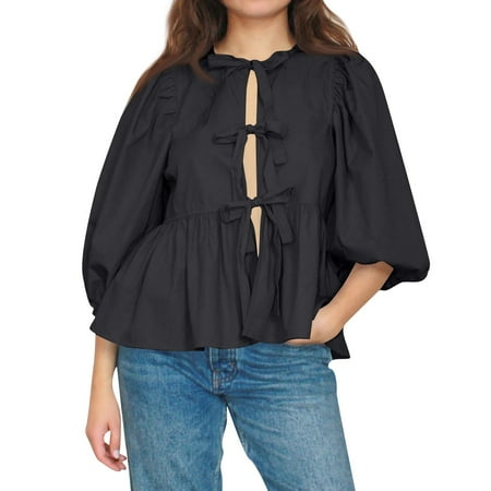 Mohiass Women Bow Tie Front Shirt Top Cute Puff Sleeve Y2K Peplum Ruffle Babydoll Blouse Lace Up Summer Going Out Black S