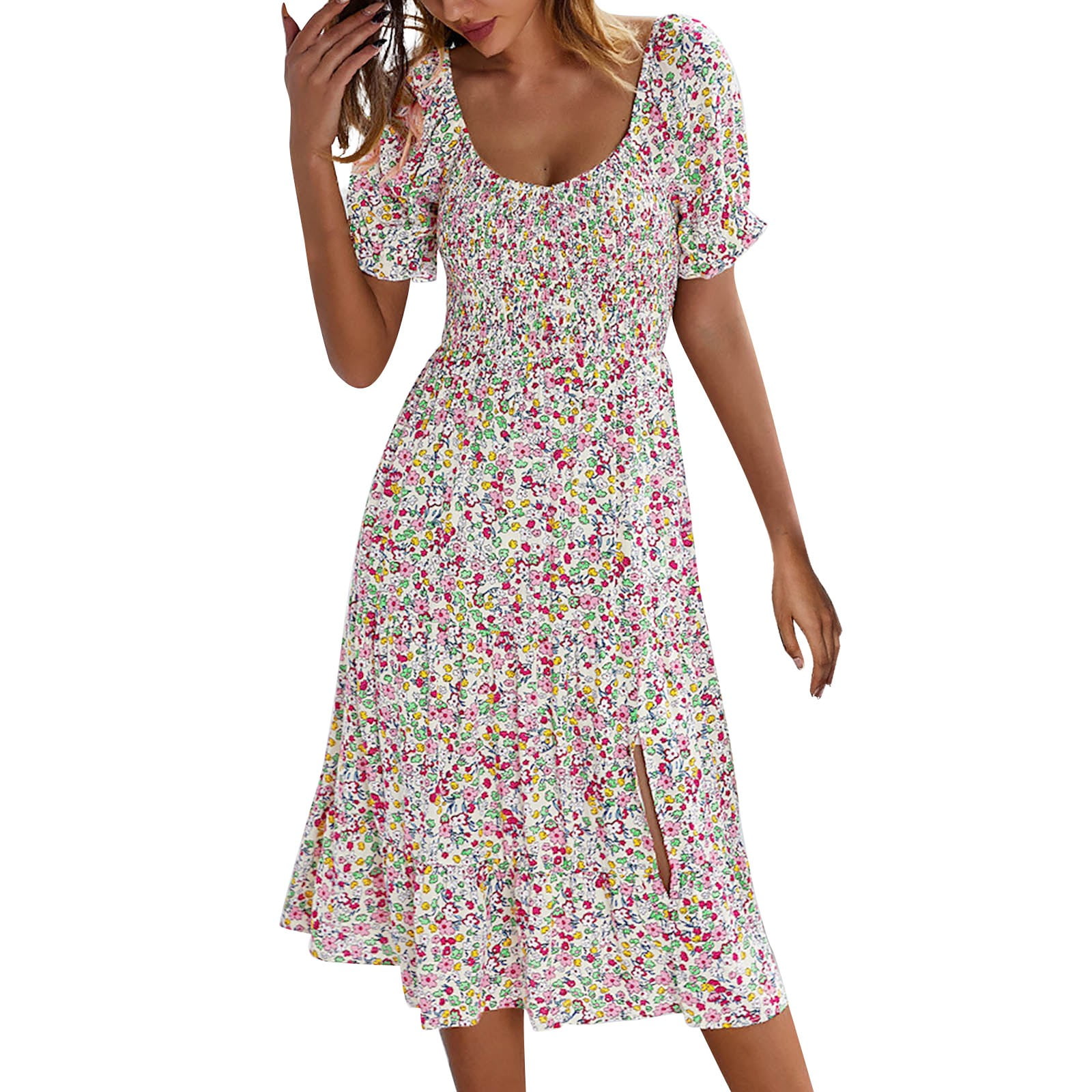 XINSHIDE Dress Women Summer Floral Print Scoop Neck Midi Dress Casual ...