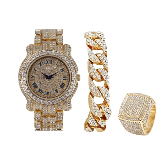 Bling-ed Out Round Luxury Mens Watch w/Bling-ed Out Cuban Bracelet and Iced King Ring Set - L0504 BR 3pc Set(11,Gold #Blue)