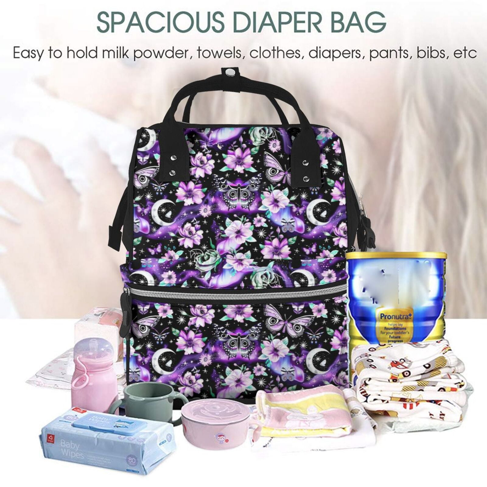 Fuzoiu Pink purple rainbow flower butterfly Print Diaper Bag Backpack,Baby Essentials Travel Tote,Multi function Waterproof Diaper Bag, Travel Essentials Baby Bag - Unisex