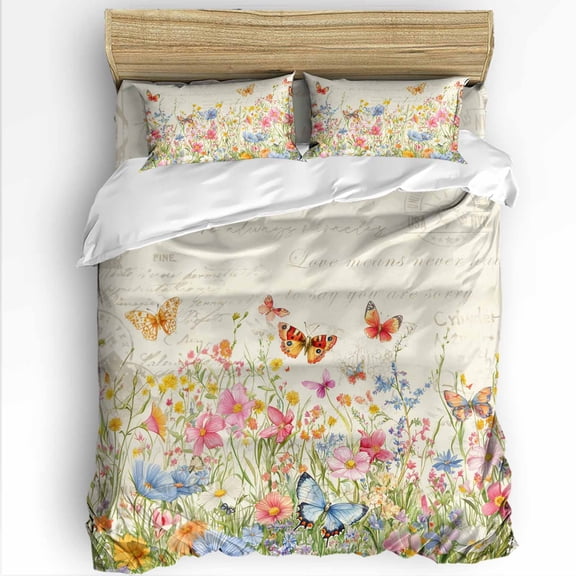 Spring Queen Size Comforter Set, Pink Blue Wild Flowers Butterfly Botanical Vintage Soft Bedding for All Seasons, 4 Pcs Bed Set with 1Comforter (90"x92") ,1 Sheet(94"x116"), 2 Pillowcases (19"x29")