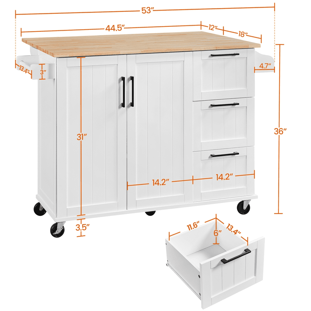 Renwick Rolling Kitchen Cart with Cabinets and Drawers, White