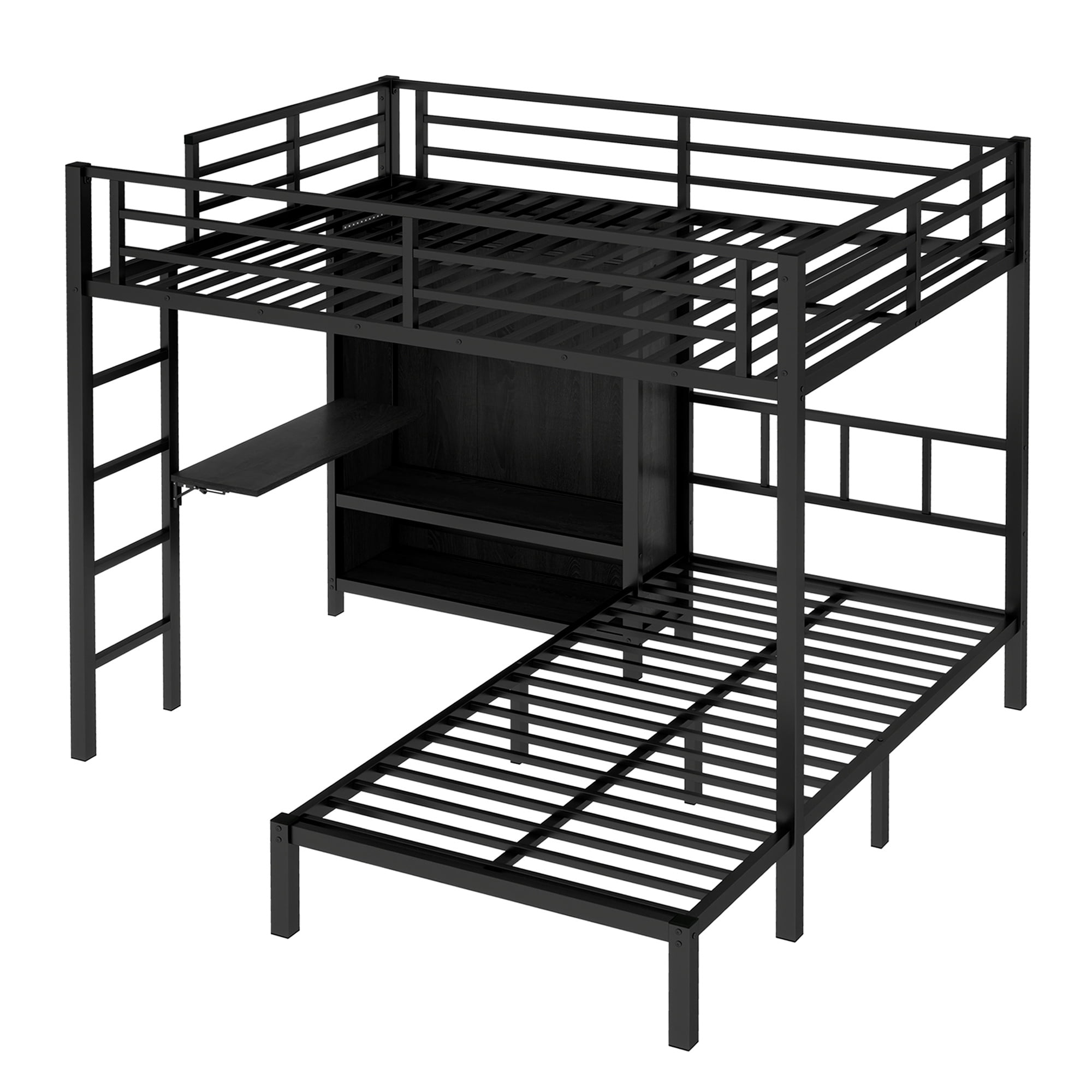Full XL Over Twin Bunk Bed, Metal Bunk Bed Frame with Folding Desk, Closet with LED,Space-Saving/Noise Reduced, Black