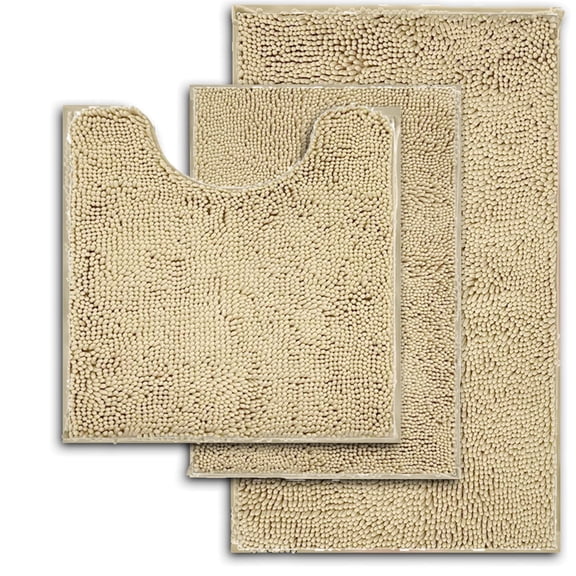 3 Pieces Bathroom Rugs, Ultra Soft Non Slip Absorbent Chenille Toilet Bath Mat Set (Beige)