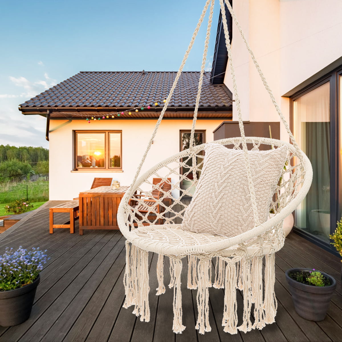 outdoor hanging swing cotton hammock chair solid mesh woven rope yard patio  porch garden wooden bar chair swing patio chair home decor gift