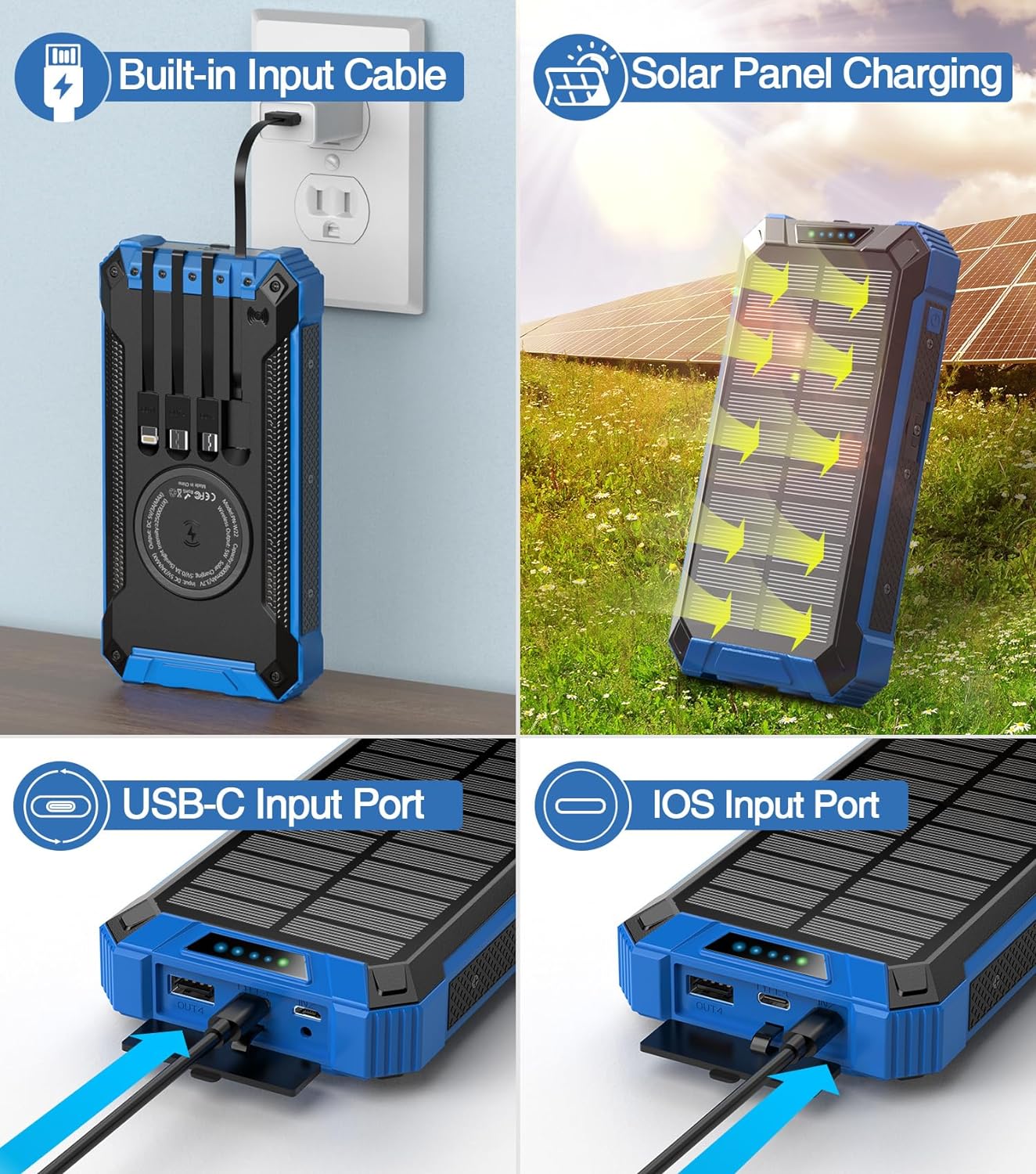 36000mAh Solar Power Bank - 15W Fast Charging Wireless Charger with Cables, Flashlights & Carabiner