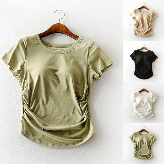 ZyeKqe Pajamas Tops for Women Built in Bra Short Sleeve Shirts Round Neck T Shirts Soft Comfy Loungewear