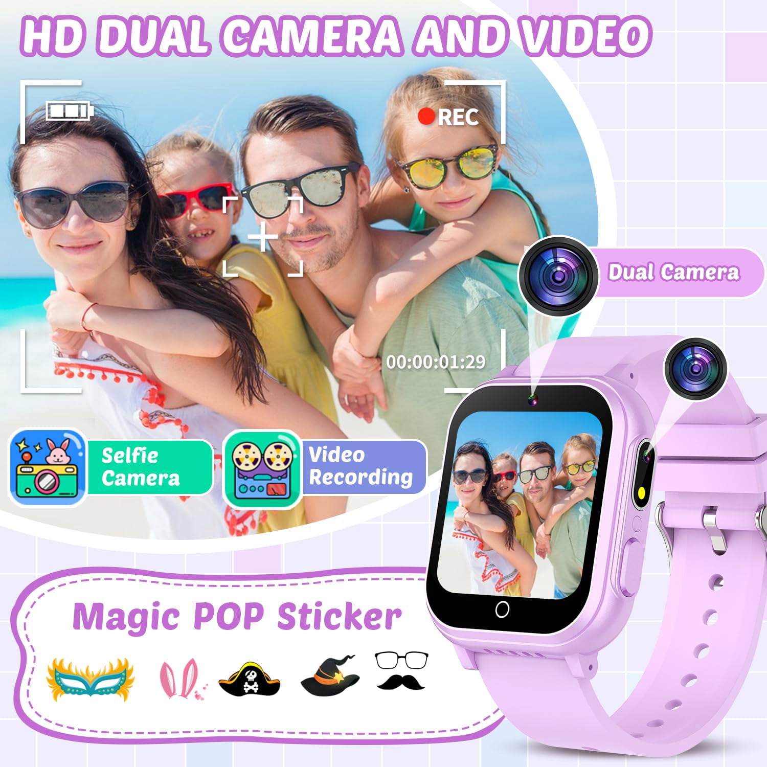 Kids Waterproof Smart Watch Gift for Girls Age 5-12, 32 Games HD Touchscreen Kids Watch with Dual Camera Video Music Player Pedometer Flashlight 12/24 hr Toys Birthday Gifts for Girls Ages 6 7 8 9