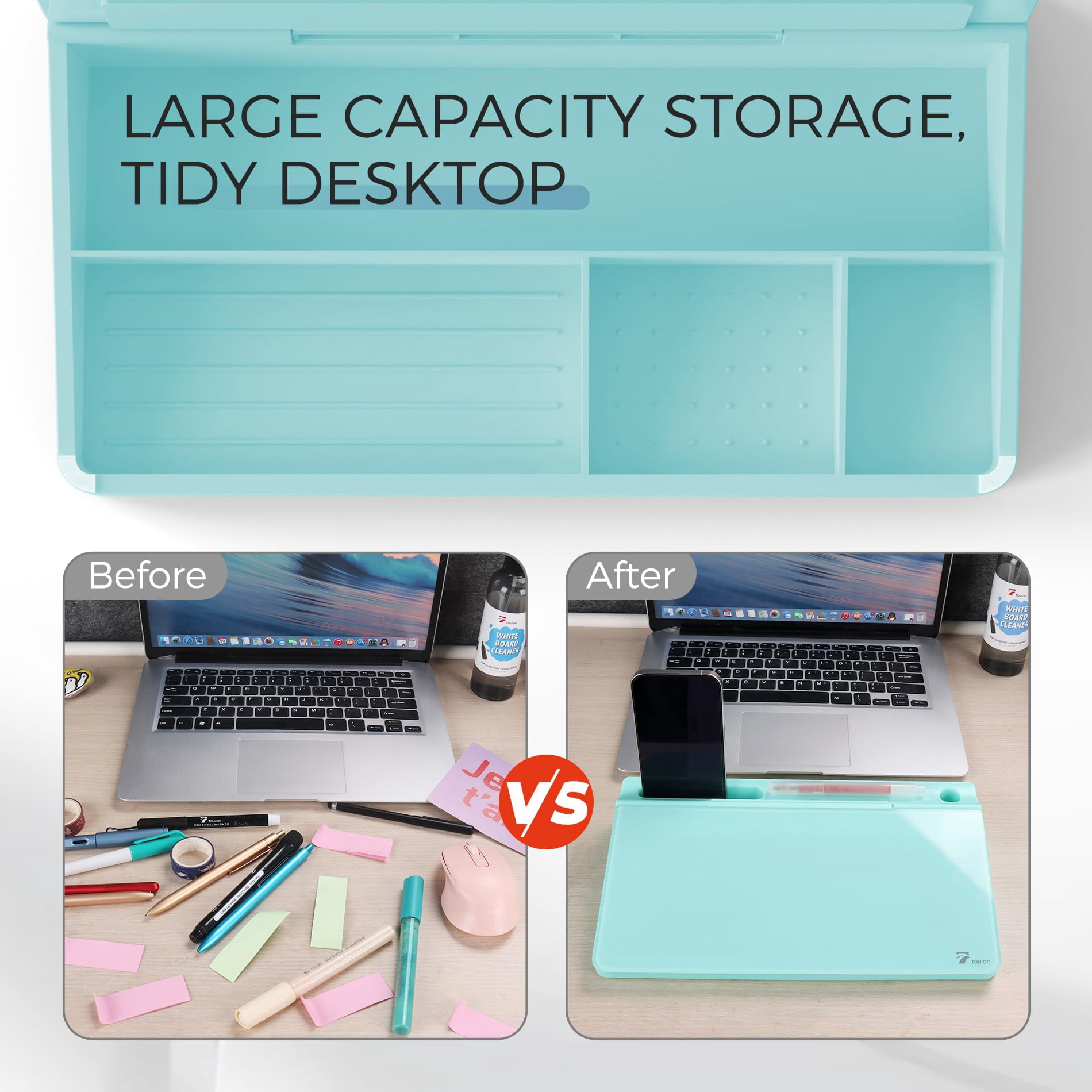 Small Compact Glass Desktop Whiteboard With Storage - 12 X 7 In Dry Erase Board For Desk  Home Office School | Includes 5 Markers Eraser & Holder Space-saving Organizer Aesthetic Teal Blue