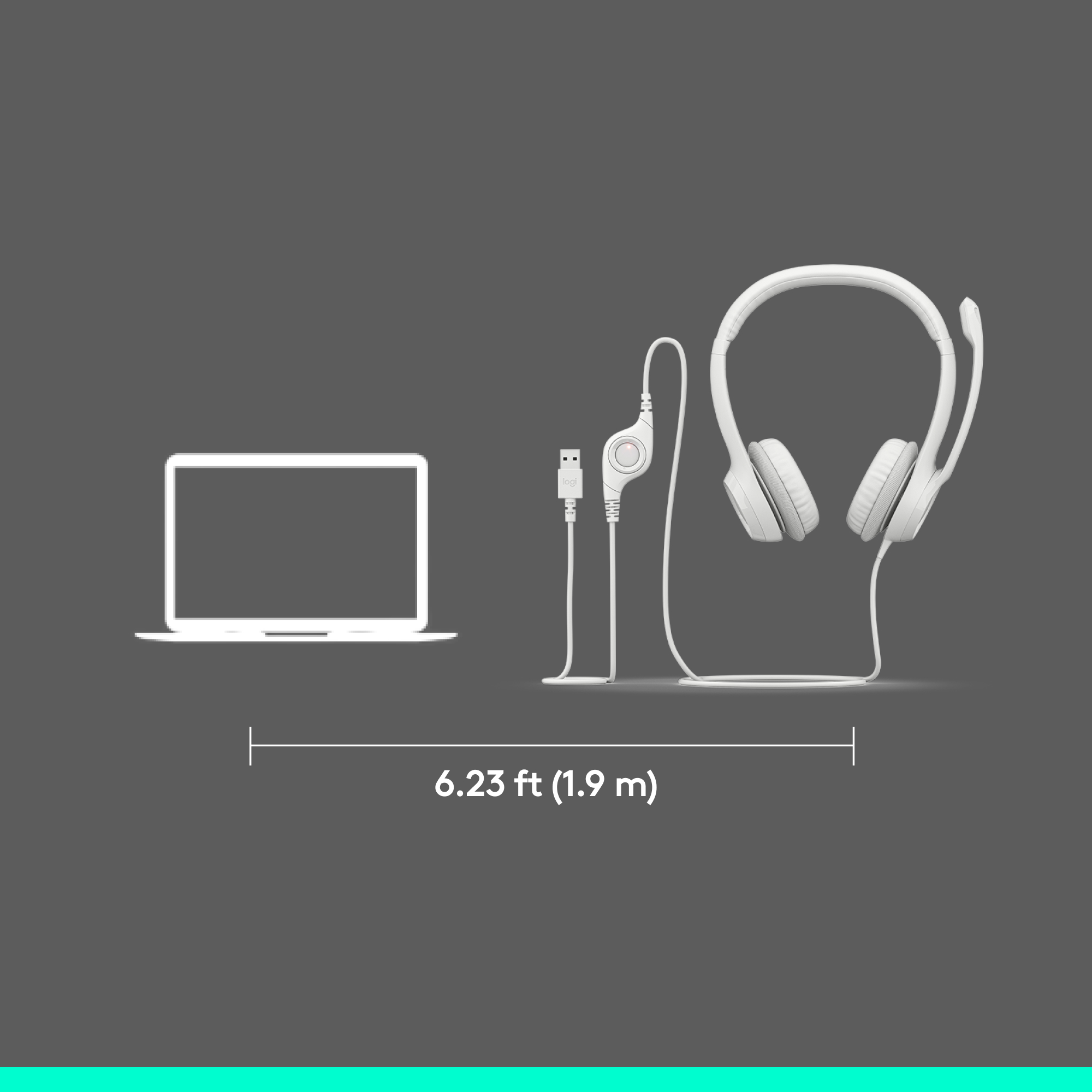 Logitech H390 Wired Headset for PC/Laptop, Stereo Headphones with Noise Cancelling Microphone, USB-A, In-Line Controls, White
