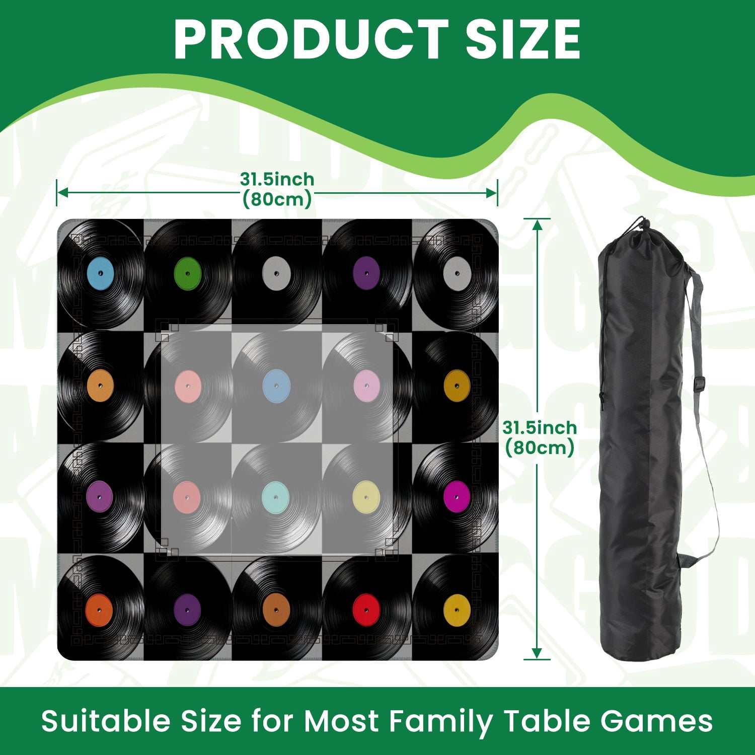 Mahjong Mat 31.5" x 31.5" Simple geometric seamless vinyl records Vintage musical Non-Slip Noise Reduction American Mahjong Tiles Table Cover for Dominoes Poker Card Board Games Gift