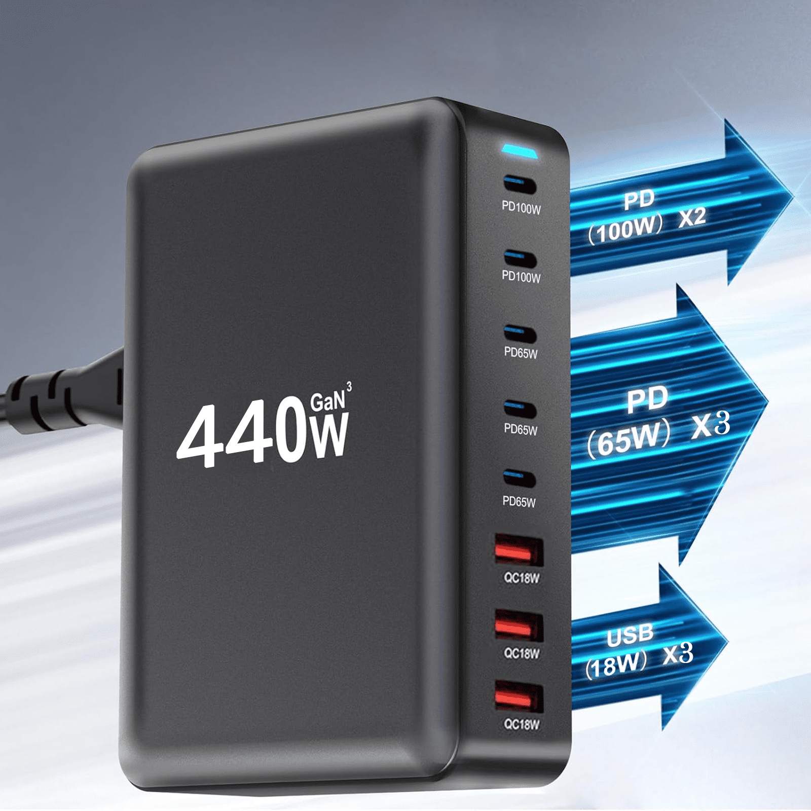 440W GaN 8-Port USB Type C Charging Station, 100W PD3.0 + QC3.0 Fast Charger Hub for Laptop, Phone, Tablet, Smartwatch - Safe & Reliable