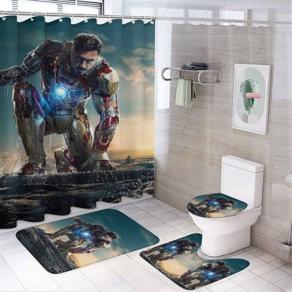 Iron Man Shower Curtain Set for Decor,Nons Slip Bathroom Rugs U Shaped Bath Mat Toilet Lid Cover 4 Piece Set with Hooks 72x72inch