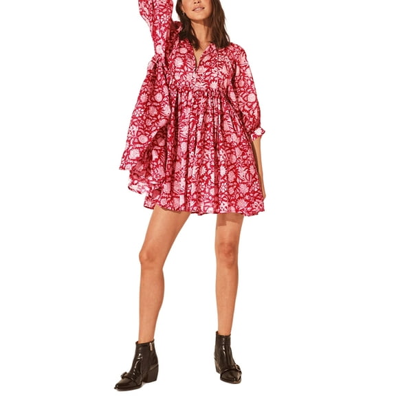 Floral Print Dolman Sleeves Deep V Neck Above Knee Length Pleated Dress Red Small