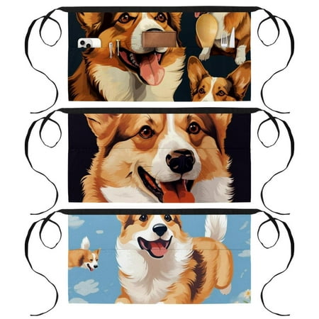 

Cute Corgi Dog Server Aprons with Long Waist Ties Reinforced Seams 3 Pockets Waist Half Apron Aprons for Women for Cooking Work Aprons Set of 3