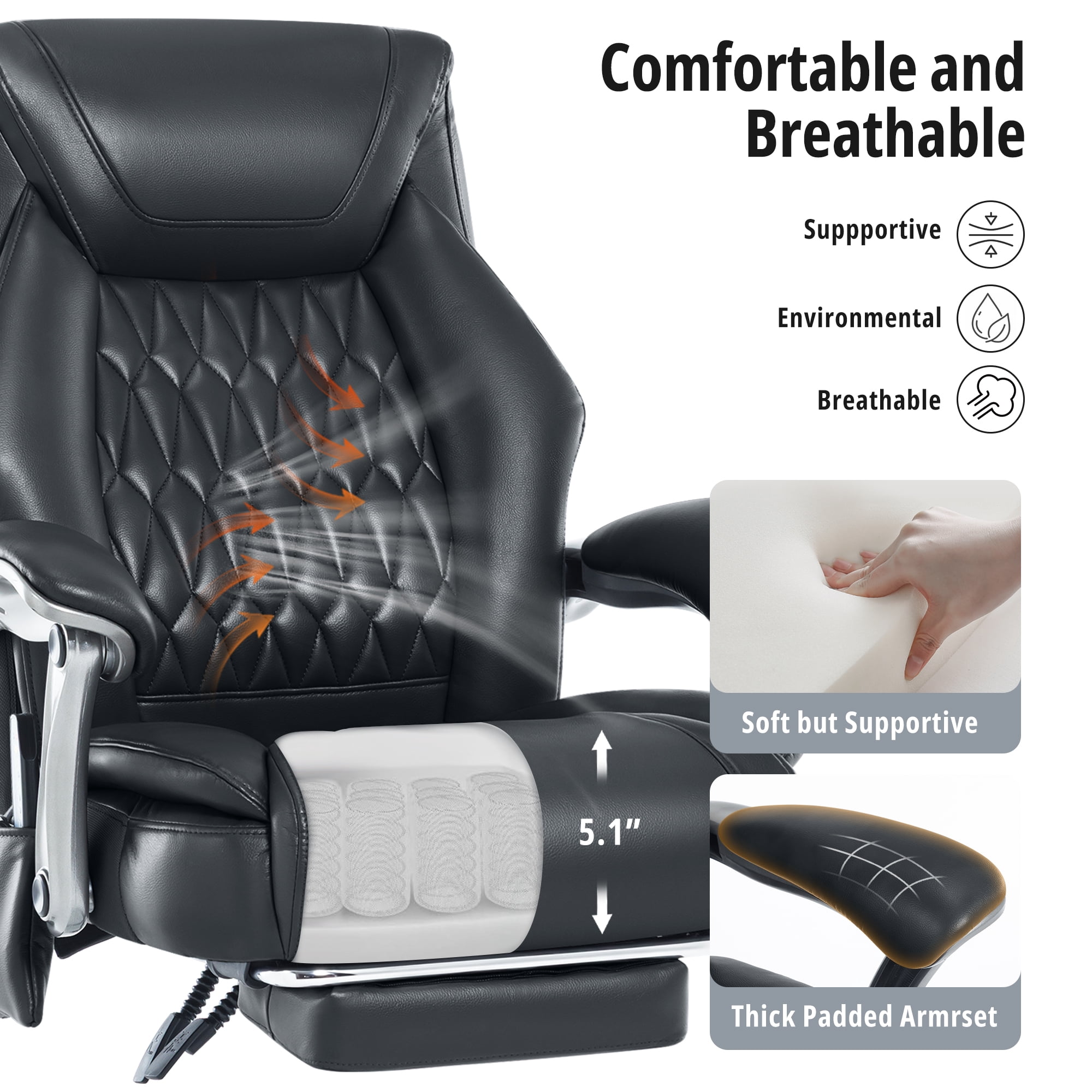 6-Point Massage Office Chair with Lumbar Support, Reclining Ergonomic Computer Desk Chair with Footrest for Full Support, PU Leather High Back Executive Computer Chair, Heated Executive Office Chair