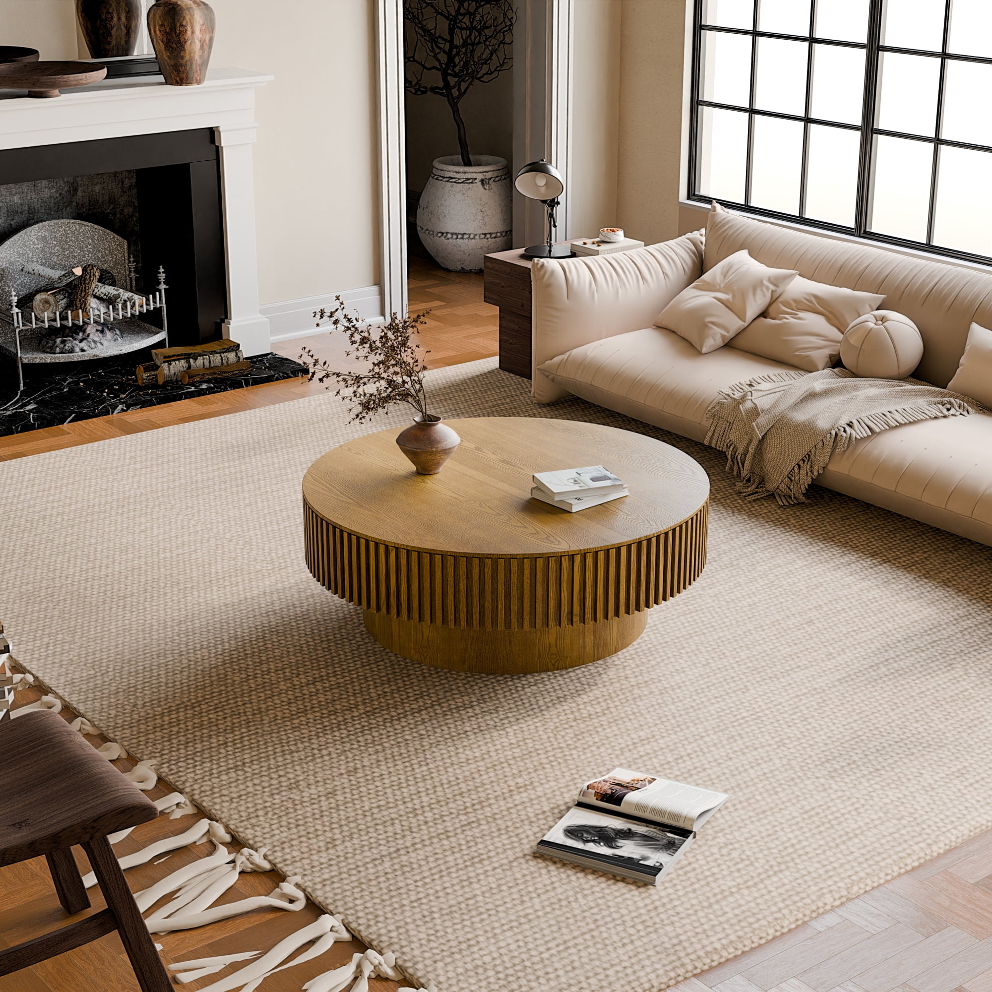 Round Coffee Table with Storage, Mid-Century Modern Solid Wood Center Table for Living Room, 39.37'' Large Circle Wooden Accent Table for Living Room, Bedroom, Apartment or Office
