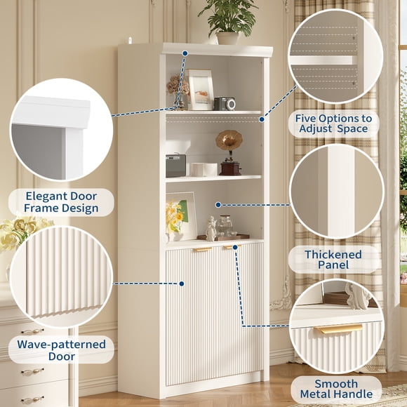 Tall Wooden Bookcase with Doors and Drawer – 5-Tier Adjustable Shelves – Large Storage Cabinet for Home Office or Living Room – Modern Freestanding Bookshelf, White