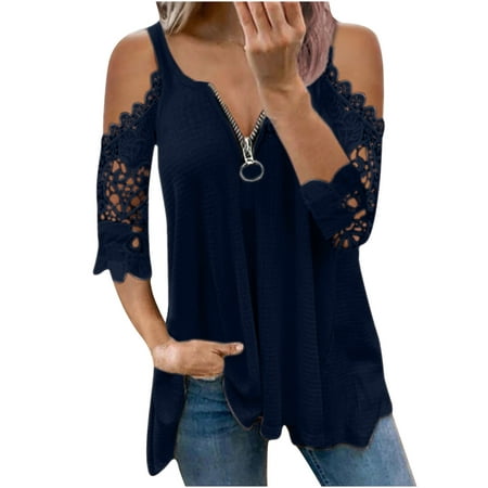 

YFPWM Shirts for Women Dressy Country Shirts Cotton Blouses Royal Blue Tops Waffle Knit Tops Plus Size Corset Top Keyhole Casual Plain Tops Lace Half Sleeve V-Neck Zipper Hollow Out T-shirt