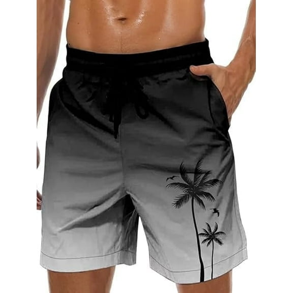 JASGARDE Men's Swim Trunks Hawaii Series Pattern Fashionable Sports Beach Shorts with Pockets Size S-3XL
