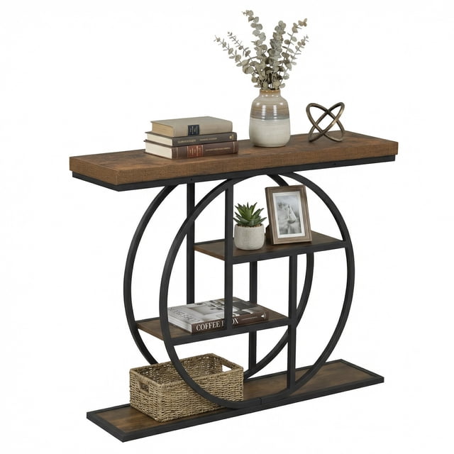 Gymax 4-Tier Console Table w/Storage Shelves Circle Base Accent Behind Couch Table Rustic Brown