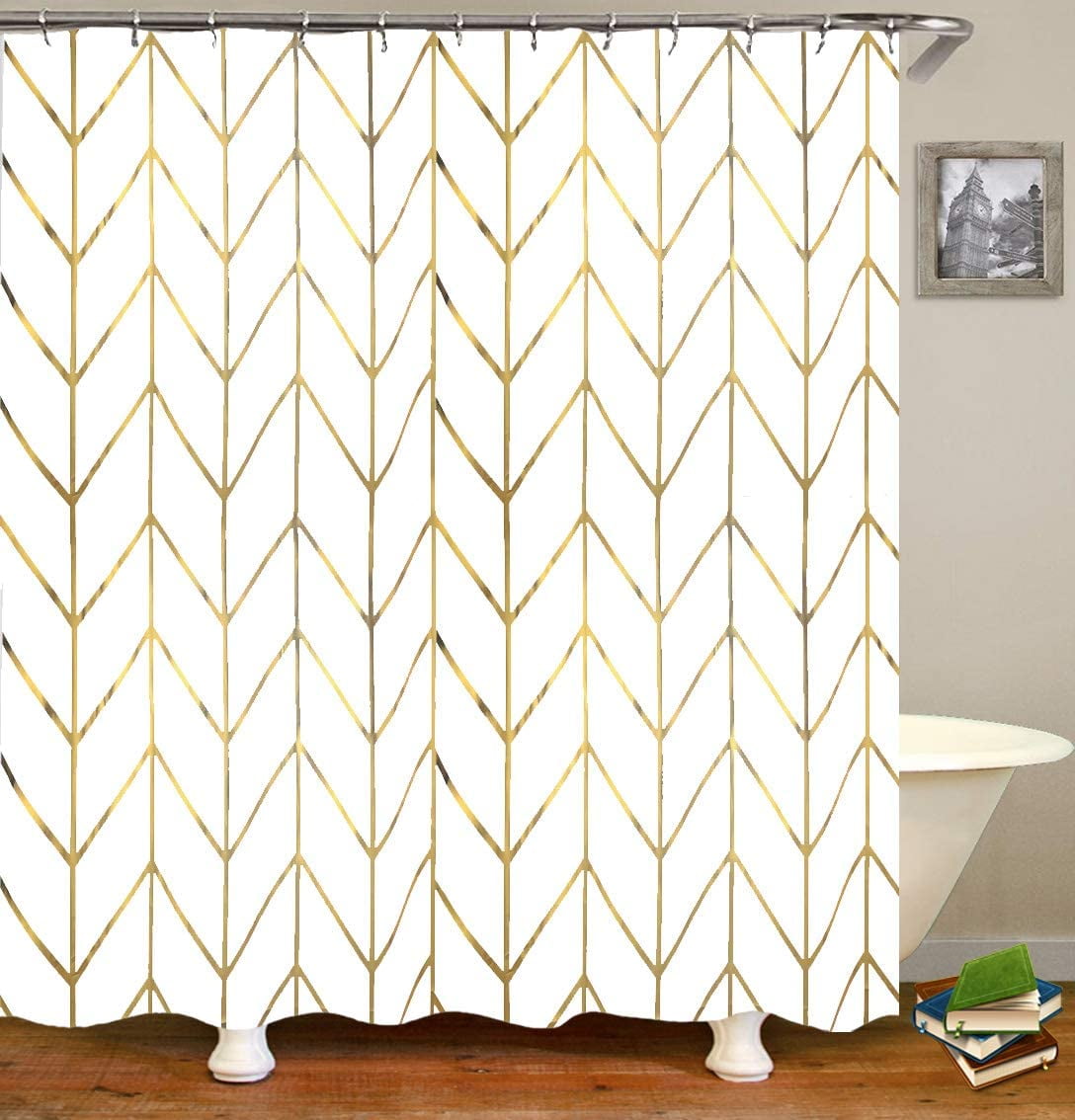 Nvzi Shower Curtain with Gold Chevron, Geometric Pattern, Gold Shower