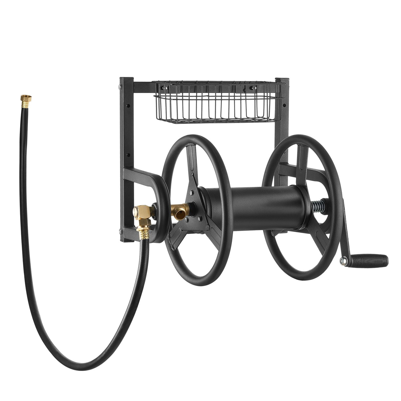 Wall-mounted garden hose reel 125 '5/8 ", reel with brass fittings, outdoor hand reel, yard lawn storage basket, space saving